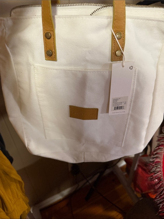 cozy earth Handbags - Canvas Tote Bag with Tan Leather Trim - White